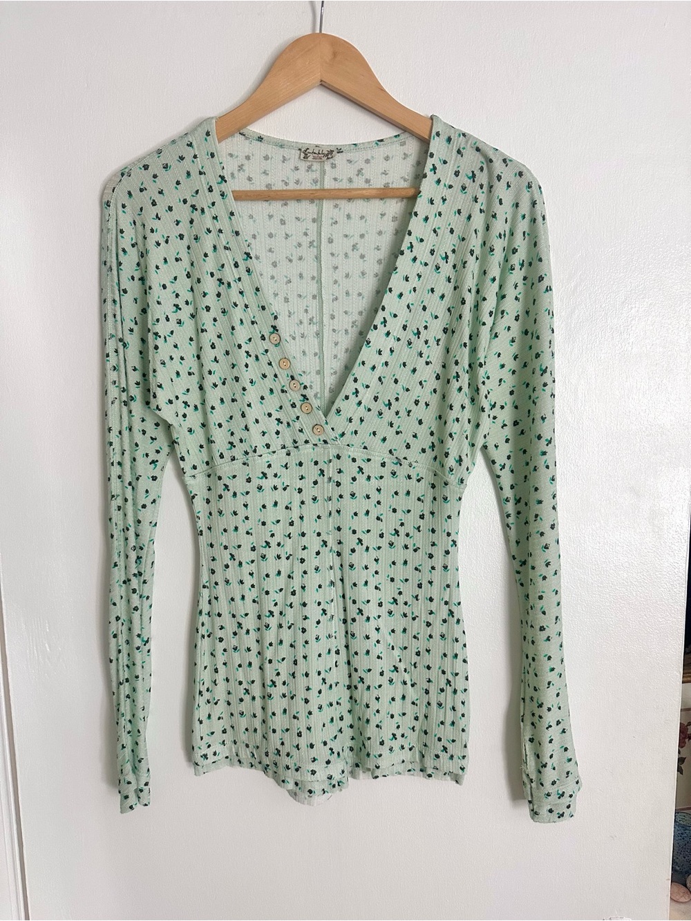Free People Light Green V-Neck Long Sleeve Romper